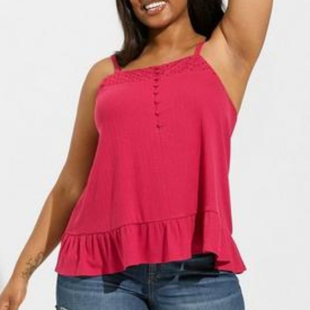 ❤️NWT TORRID CAMI - HOT PINK EYELET SWING TANK - BUTTON DETAIL FLOWY